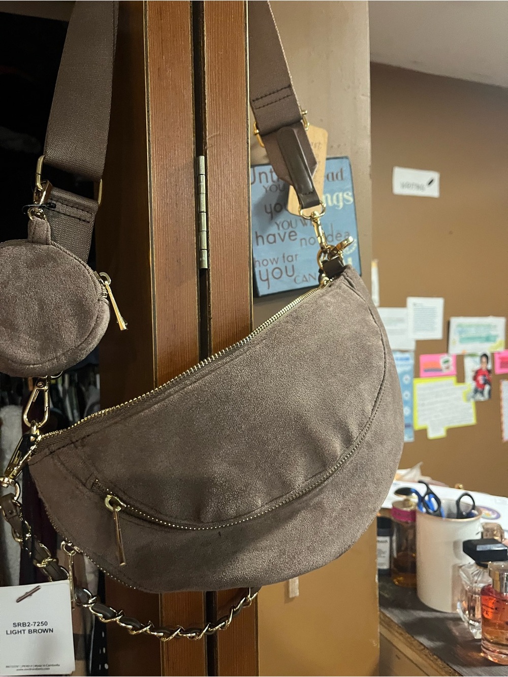 NWT Sondra Roberts Taupe Suede Crescent Belt Bag with Coin Pouch